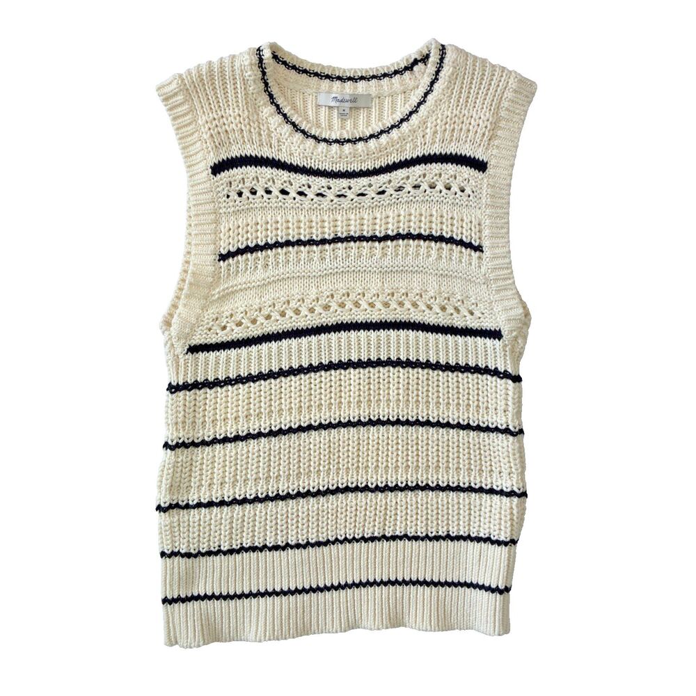Madewell Cotton Sweater Vest Medium Cream Jet Black Mini Striped Knit Minimalist - Picture 4 of 11
